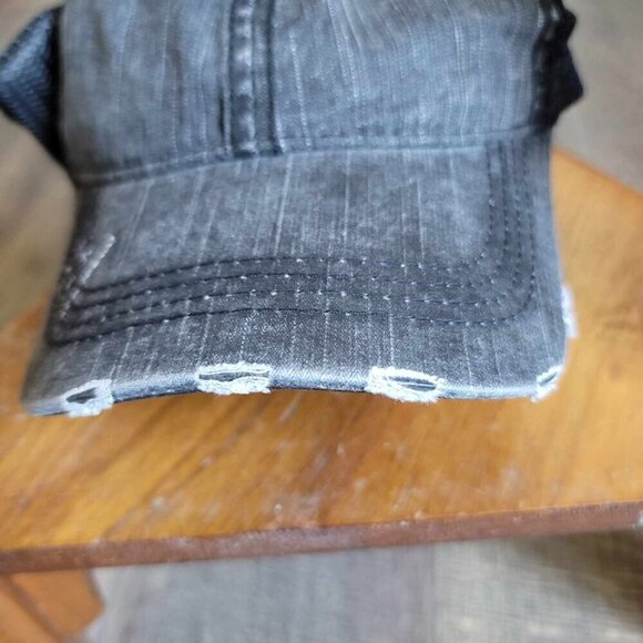 Distressed embroidered baseball hat with ponytail / Messy bun opening in back - Picture 2 of 5